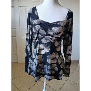 Egen Womens Blouse SweetHeart Neck Long Sleeve Floral Print Medium Black Tan
